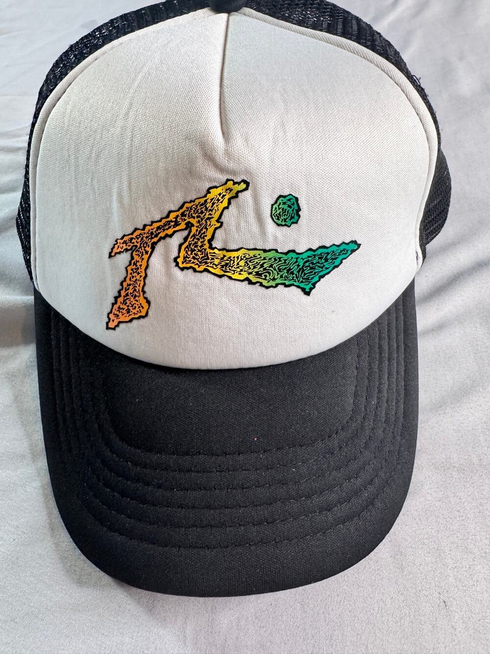 Rusty R Dot Trucker Hat Black White Mesh Snapback Surf Skate Y2K Graphic